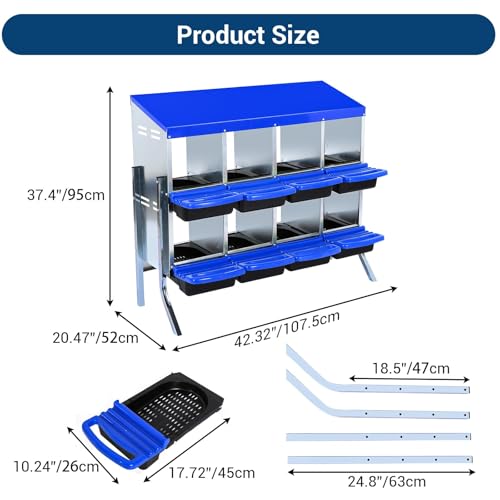 Chicken Nesting Boxes,8 Hole Metal Roll Away Eggs Laying Boxes with Ventilation Holes，Rustproof Plastic Tray & Keyhole Mounting, Cleanable Pull Out Nest Box for Hen & Duck, Blue - color: Blue, size: 8 holes with legs
