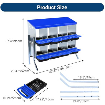 Chicken Nesting Boxes,8 Hole Metal Roll Away Eggs Laying Boxes with Ventilation Holes，Rustproof Plastic Tray & Keyhole Mounting, Cleanable Pull Out Nest Box for Hen & Duck, Blue - color: Blue, size: 8 holes with legs