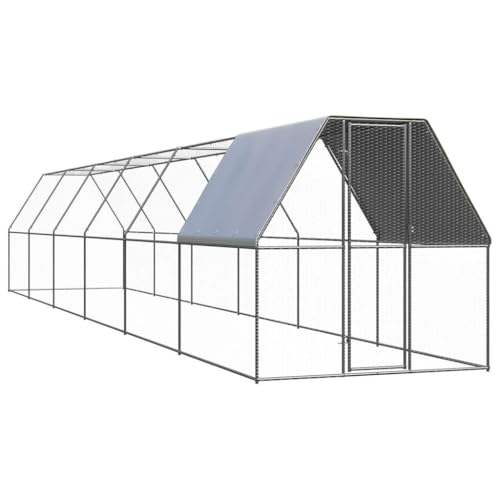 Galvanized Steel Chicken Coop 6.6x39.4x6.6ft Outdoor Animal Hutch with Lockable Door Silver Gray for Hens Ducks Rabbits - color: Silver+gray/+ partially-covered roof, size: 6.6' x 39.4' x 6.6' (W x D x H)