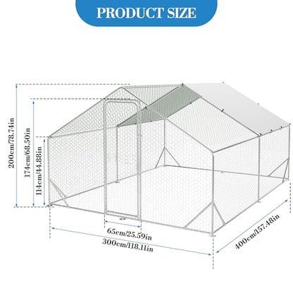 Large Metal Chicken Coop, 13.1'L x 9.8'W x 6.6'H Walk-in Poultry Cage, Chicken Run Pen House with Waterproof & Anti-Ultraviolet Cover Chicken Coop Run for Outdoor Backyard Farm - size: 118.1"L x 157.5"W x 78.7"H