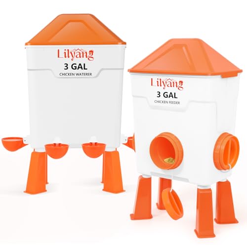 Lilyang Chicken Feeder and Waterer Set 3 Gallon, Automatic No-Waste Feeder, Large Poultry Waterer with 2.75'' Cups, Standing or Hanging Use, Feed Chickens & Ducks - color: Tangerine