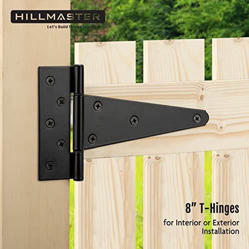 HILLMASTER 8 Inch T-Strap Heavy Duty Shed Door Hinges Gate Strap Hinges Black Tee Hinge Wrought Hardware for Wooden Fences,Yard,Barn Door,Rustproof (2 Pack) - size: 8in 2Pack