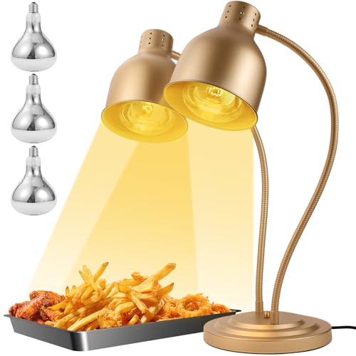 Food Heat Lamp, Heating Lamp with Flexible Arm, 250W Bulb x 3-5000 Hours Rated, Commercial Food Warmers for Buffet, Parties, Fast Food, (Brass) - color: Brass, size: Double-Head