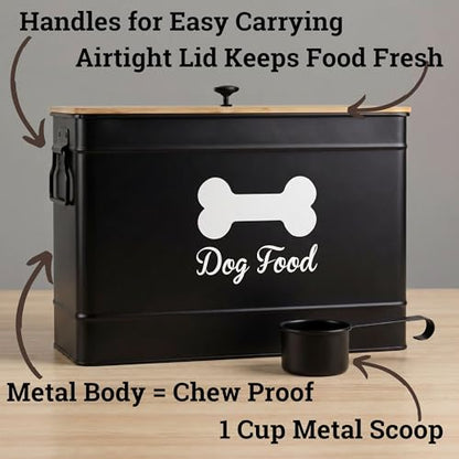 Dog Food Container Airtight 15-20 lb (70 Cup) Capacity with Metal Scoop - Cute Airtight Dog Food Storage Container with Bamboo Lid - Black Metal Kibble Storage Bin for Dogs up to 100 lbs - Big Pet Jar - color: Black
