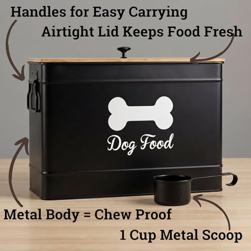 Dog Food Container Airtight Bamboo Lid 15-20 lb Sturdy Metal Handle 70 Cups | Pet Jar For Dogs up to 100lbs, Airtight Bamboo Lid, Sturdy Comfortable Metal Handle, Powder Coated Iron, Kibble Storage Bin - color: Black