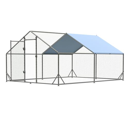 EUNHOO Large Metal Chicken Coop, 13x9.8x6.4ft Walk-in Poultry Enclosure with Peaked Roof and Waterproof Cover, Spacious Outdoor Chicken Run Cage for Backyard,Farm,Yard - color: Peak Roof, size: 158.0"L x 118.0"W x 78.0"H