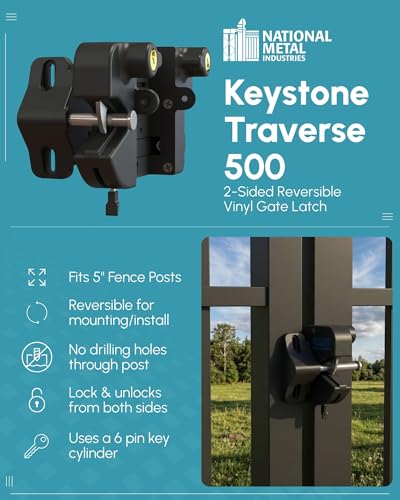 Keystone Traverse Gate Latch - Easy Install, Key-Lockable, No Drilling, Vinyl Fence Latch with Stainless Steel Screws, Adjustable for 5” Posts, Reversible Mounting for Home Security Systems