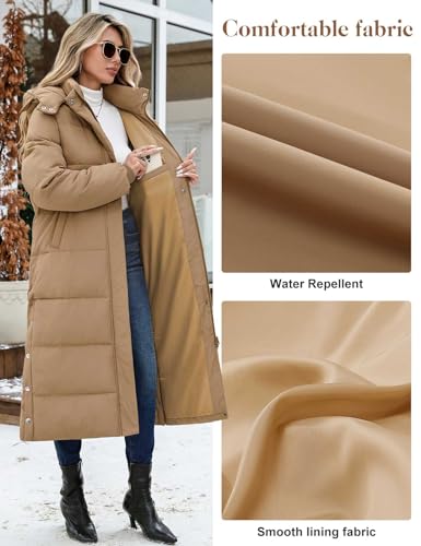 UMIPUBO Women's Long Maxi Down Coat Winter Puffer Jacket Warm Padded Outerwear Faux Fur Removable Hood Parka Full-Zip - color: Khaki, size: Medium