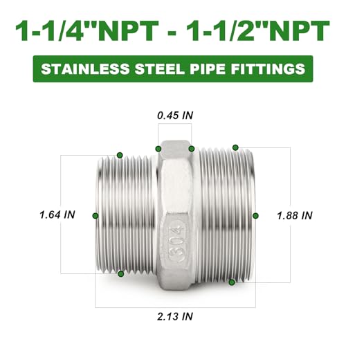 TAISHER 2PCS Cast 304 Stainless Steel Hex Nipple, Reducer Pipe Fitting 1-1/2" NPT Male x 1-1/4" NPT Male - size: 1-1/2" NPT x 1-1/4" NPT