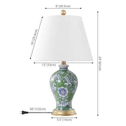 JONATHAN Y 24" Green/White French Country Ceramic Floral Urn Table Lamp, White Linen Shade, Chinoiserie Ginger Jar Bedside Lamp for Living Room Bedroom, LED Bulb (JYL3009F) - color: Green/White