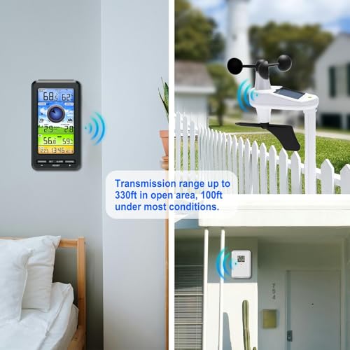 Wireless Weather Station Indoor Outdoor with Remote Sensor, Wind Speed & Direction, Temperature Humidity Monitor, Barometric Pressure, Weather Forecast Display for Home Garden Farm, 328ft Range (No W