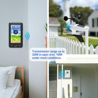 Wireless Weather Station Indoor Outdoor with Remote Sensor, Wind Speed & Direction, Temperature Humidity Monitor, Barometric Pressure, Weather Forecast Display for Home Garden Farm, 328ft Range (No W