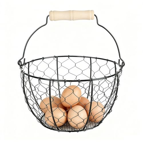 Egg Basket With Handle,Wire Egg Basket for Gathering Fresh Eggs, Round Egg Collecting Basket for Farm,Vintage Style Chicken and Duck Eggs Basket Egg Countertop Storage Container Holder ﻿ - color: Black