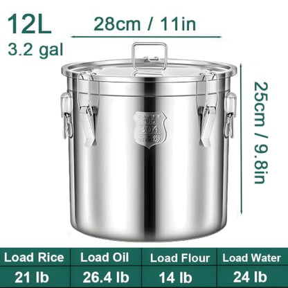 25lb Stainless Steel Containers with Lids, 12L/3.1gal 304 Stainless Steel Storage Containers, Metal Bird Seed Storage Container for Rice Flour Sugar Grain Coffee Bean Kitchen Jar - size: Standard 12L/3.1gal