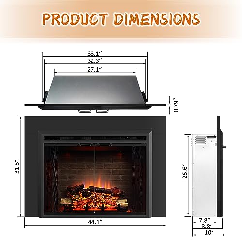 PuraFlame Klaus 33” Electric Fireplace Insert with Trim Kit, Fire Crackling Sound, Resin Log, Glass Door and Mesh Screen, 750/1500W Heater, Black - size: 33" with Trim