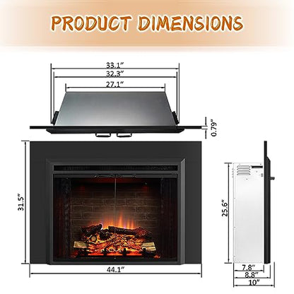 PuraFlame Klaus 33” Electric Fireplace Insert with Trim Kit, Fire Crackling Sound, Resin Log, Glass Door and Mesh Screen, 750/1500W Heater, Black - size: 33" with Trim