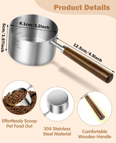 Stainless Steel Dog Food Scoop 1 Cup, Dog Food Measuring Cup With Measuring Lines (Cup/ML) & Long Wooden Handle, Metal Pet Food Scoop For Dogs, Cats and Kitchen Use, Dishwasher Safe - size: 1 CUP