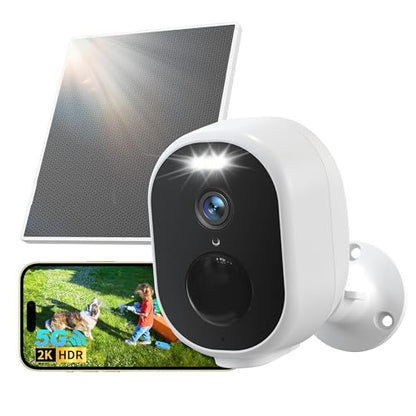 GNCC Solar Security Camera Wireless Outdoor, 2K Battery Powered Camera with Solar Panel, 5G&2.4GHz WiFi, Spotlight Color Night Vision, AI Motion Detection, Siren Alarm, Cloud/SD Storage (White-1 Pack)