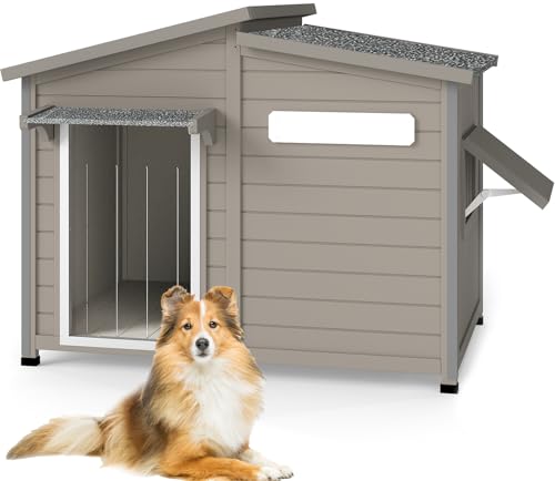 Ketive 43" L Outdoor Extra Large Dog House with Removable Floor, Raised Feet, Anti-Chewing Iron Frame – Wooden Kennel with Asphalt Roof, Window for Indoor/Outdoor Use, Ideal for Medium to Large Dogs - style: 43.5" L x 29.5" W x 33.5" H