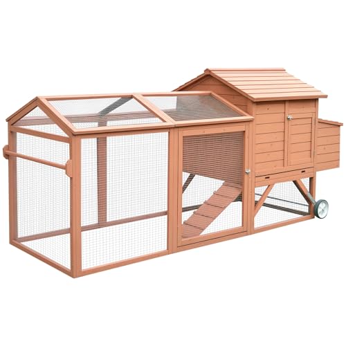 PawHut 96.5" Chicken Coop Wooden Hen House Poultry Cage Pen Portable with Wheels and Nesting Box, Chicken Cage for Backyard Outdoor, Natural - color: Brown