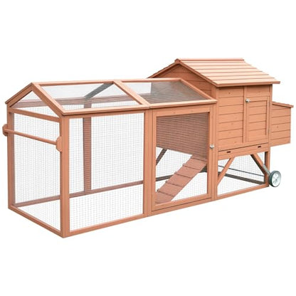 PawHut 96.5" Chicken Coop Wooden Hen House Poultry Cage Pen Portable with Wheels and Nesting Box, Chicken Cage for Backyard Outdoor, Natural - color: Brown