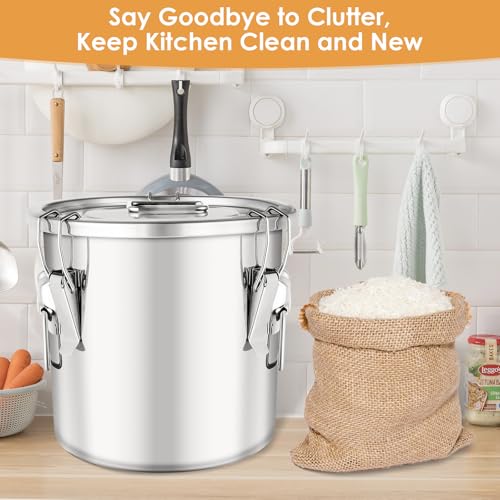 304 Stainless Steel Food Containers with Lids,12L/20LBS Airtight Food Storage Containers with Lock Clips for Flour Rice Sugar Coffee Bean,Stainless Steel Food Storage Containers for Kitchen