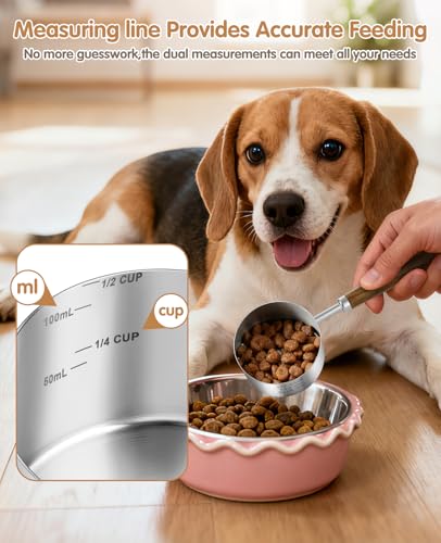 Stainless Steel Dog Food Scoop 1/2 Cup, Dog Food Measuring Cup With Measuring Lines & Long Wooden Handle, Metal Pet Food Scoop For Dogs, Cats and Kitchen Use (1/2 CUP) - size: 1/2 CUP