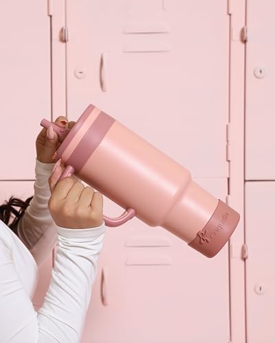 40 oz Insulated Tumbler with Handle and Push-Button Straw Lid, Stainless Steel Travel Cup for Gym Office, Leakproof, BPA-Free, Cup Holder Friendly, Bow Silicone Boot, (Peach Roasted) - color: Peach Roasted