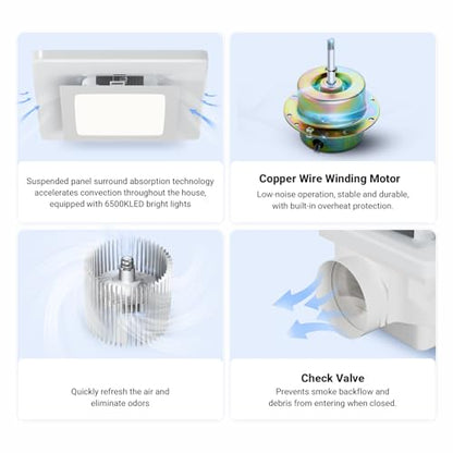 10 Inch Panel Bathroom Exhaust Fan with Light, 77CFM 1.1 Sones Square Quiet Bathroom Fan with 12W 6500K LED Light Combo, 4 Inch Duct Ceiling Mount for Home/Bath/Office/Hotel, White - size: square