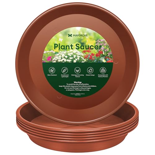 Maygrove 6 Pack Plant Saucer, 8 10 12 inch Plant Saucers for Indoor, Heavy Duty Plastic Plant Trays for pots, Grow Bags, Bird Baths, Flower Drip Trays for Indoor and Outdoor Uses (8", Brown) - color: Brown, size: 8"(6 pack)