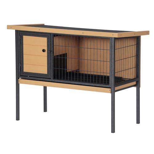 PawHut Rabbit Hutch Elevated Bunny Cage Small Animal Habitat with Metal Frame, No Leak Tray, Metal Wire Pan, Openable Water-Resistant Asphalt Roof for Rabbits, Chickens, Ducks, Indoor/Outdoor Natural - color: Natural Wood
