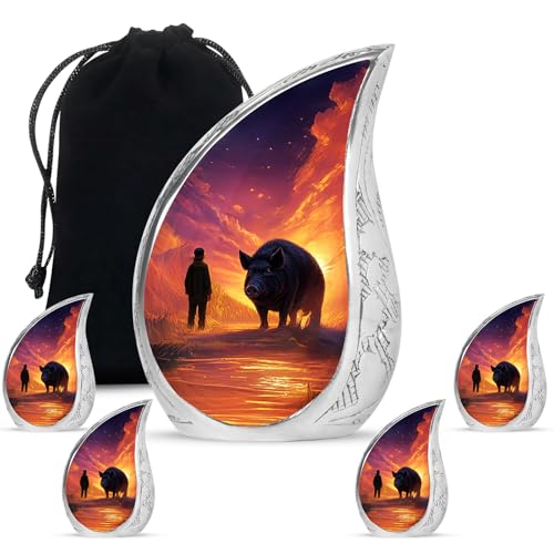 Pig Cremation Urn for Ashes Adult Male Set of 5 - Sunset Teardrop Urn for Ashes for Women - Decorative Pig Memorial Urns for Family - 10 & 3 Inch (1 Large + 4 Keepsake) - color: Pig Teardrop Urn - 2