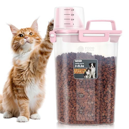 Dog Cat Food Storage Container, Pet Food Pourable Container Airtight with Large Spout & Cup, BPA-Free Plastic Food Dispenser for Pet Food, Bird Seed, Rice, Flour (Pink, 2.5L) - color: Pink, size: 2.5L