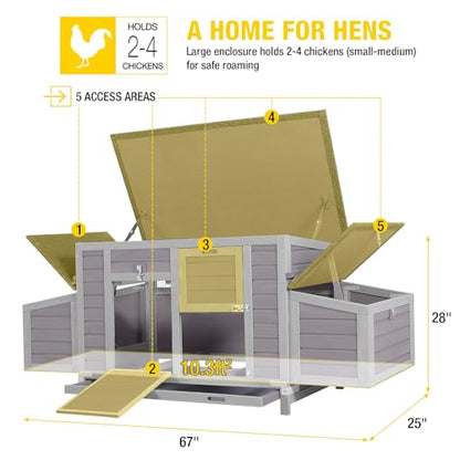 Aivituvin Chicken Coop 67.3" Large Duck House with 4 Nesting Boxes for 2-4 Chickens Outdoor Hen House Chicken Cage - size: 67.2"L x 25.4"W x 28.1"H