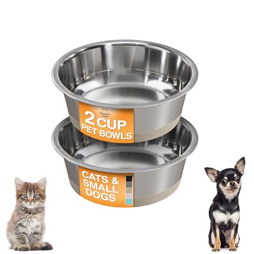 Neater Pet Brands Stainless Steel Dog Bowls with Non-Slip Rubber Bottom – 2 Cup (16 oz), Tan - Set of 2 Heavy Duty Metal Dog Bowls, Dishwasher Safe, Food or Water Bowl, Ideal for Small Dogs & Cats - color: Tan, size: 2 Cup (Set of 2)