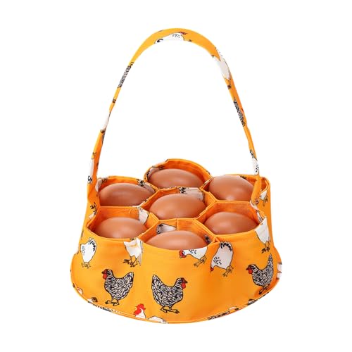 Egg Collecting Basket, Canvas Egg Basket for Gathering with 7 Pouches for Chicken, Duck, Goose, Bird, Various Poultry Collection (Yellow chicken) - style: Yellow chicken