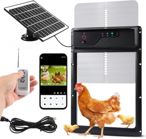 Automatic Chicken Coop Door Solar Powered USB Charging, Battery Operated, HD1080P Camera, Auto Pet Door Opener with Timer, Remote & APP Control, Anti-Pinch, Alarm Drive 4 Modes (Lift Door)