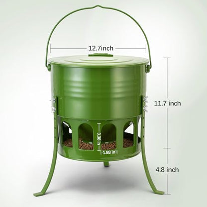 Tgeyd Metal Bucket Chicken Feeder, 20LB Large Capacity Poultry Feeder with 12 Feeding Ports & Dual-Cone No-Waste Design, Adjustable Height & Foldable for Storage, Rust-Proof for Chickens, Ducks, Quail | Organometallic coating