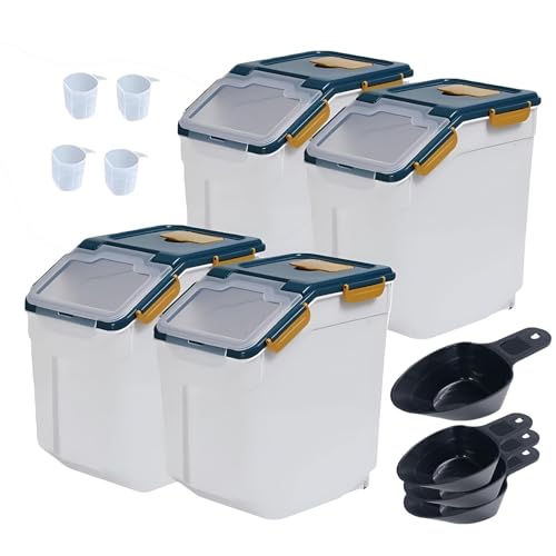 Large Flour Storage Container Bin 25lb,4 Pack Airtight Rice Storage Containers with Wheels Seal Locking Lid BPA Free with Measuring Cup,Scoop for Flour, Rice, Grain, Dry Food - Dark Blue - color: 4Pcs 25LB Blue