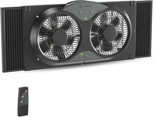 Comfort Zone 9-Inch Reversible Twin Window Fan with Remote Control – 3-Speed Dual Blade Fan with Exhaust, Cooling & Circulate Modes, Expandable Width 23.5" to 37", Removable Bug Screen & Tabletop Feet - color: Black, size: 9 inch (3-Speed w/Remote)