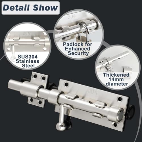 Alise Slide Lock SUS304 Stainless Steel Gate Latch, Slide Bolt Latch,Thickened Heavy Door Latch Lock,8 Inch Brushed Barrel Bolt Latch, Security Slide Latch Lock - color: Brushed, size: 8 Inch (Regular)