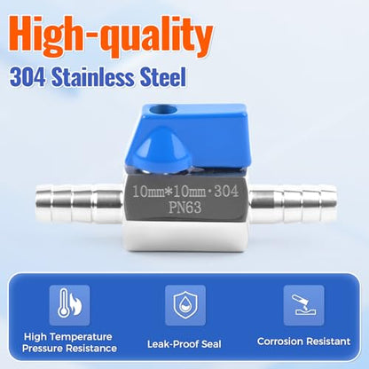 3/8" Hose ID Barb Ball Valve, 304 Stainless Steel Dual 10mm Barb Mini Heater Hose Shut Off Valve with Clamps for Fuel, Gas & Water Lines - size: 3/8 Inch