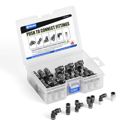TAILONZ PNEUMATIC 1/4"OD x 1/4"NPT Push to Connect Fittings Pneumatic Fittings Kit 6 Spliters+6 Elbows+6 tee+6 Straight +6 Straight Thread Connector+6 Elbow Thread Connector (36 pcs) - size: 1/4"OD x 1/4"NPT