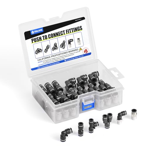 TAILONZ PNEUMATIC 3/8"OD x 1/4"NPT Push to Connect Fittings Pneumatic Fittings Kit 6 Spliters+6 Elbows+6 tee+6 Straight +6 Straight Thread Connector+6 Elbow Thread Connector (36 pcs) - size: 3/8"OD x 1/4"NPT
