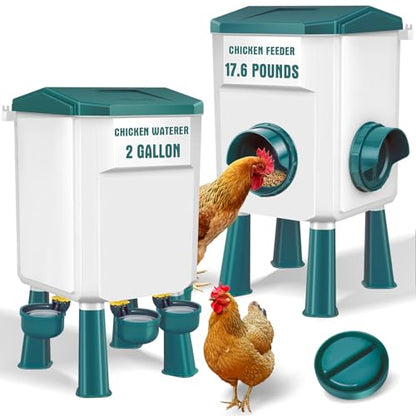 Chicken Feeder and Waterer Set 2 Gallon/17.6 Pounds, Automatic Chick Feeder and Waterer Set No Waste, Poultry Feeder Large for Hens/Ducks/Poultry - color: Blue