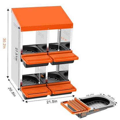 Chicken Nesting Boxes, Metal Roll Away Nest Box for Chickens Laying Egg with Lid Cover to Protect Eggs (4 Holes Orange) - size: 4 Holes