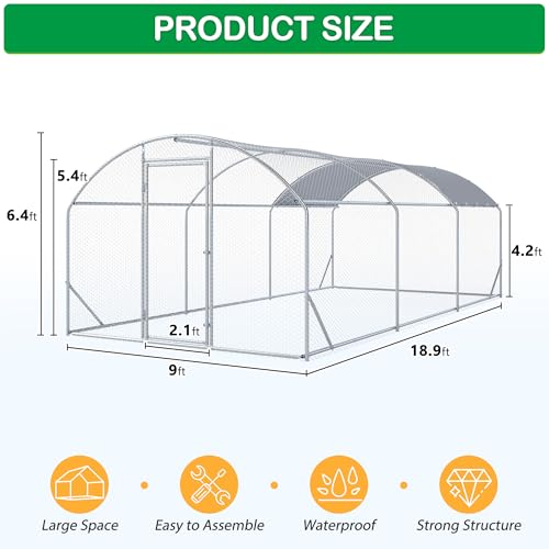 Large Metal Chicken Coop, Walk-in Chicken Run Pen with Waterproof Cover, Dome Roof Poultry Cage for Outdoor, Backyard, Farm (8.96'Wx18.9'Lx6.4'H) - size: 19'Lx9'W