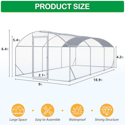 Large Metal Chicken Coop, Walk-in Chicken Run Pen with Waterproof Cover, Dome Roof Poultry Cage for Outdoor, Backyard, Farm (8.96'Wx18.9'Lx6.4'H) - size: 19'Lx9'W