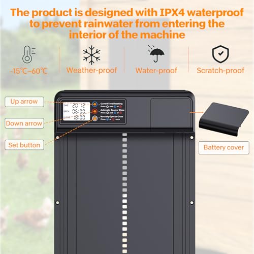 Automatic Chicken Coop Door, Electric Chicken Coop Door Battery Powered with Timer LCD Screen, Anti-Pinch Running Automatic Chicken Coop Door, Aluminum IPX4 Waterproof Auto Chicken Coop Door