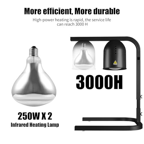 Heat Lamp for Food, with Two 250W Bulbs for Fast and Even Heating, Food Heat Lamp with Adjustable Height Stand, Commercial Food Warmer Lamp for Home, Fast Food Restaurant, Buffet, Bakery Black - color: Black